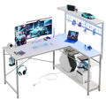 Bestier Gaming Desk 51" L-Shaped with Power Outlets & LED Lights- 4 Tier Shelves Reversible Gamer Table with Hooks & Cup Holder for Home OfficeCarbon Fiber White