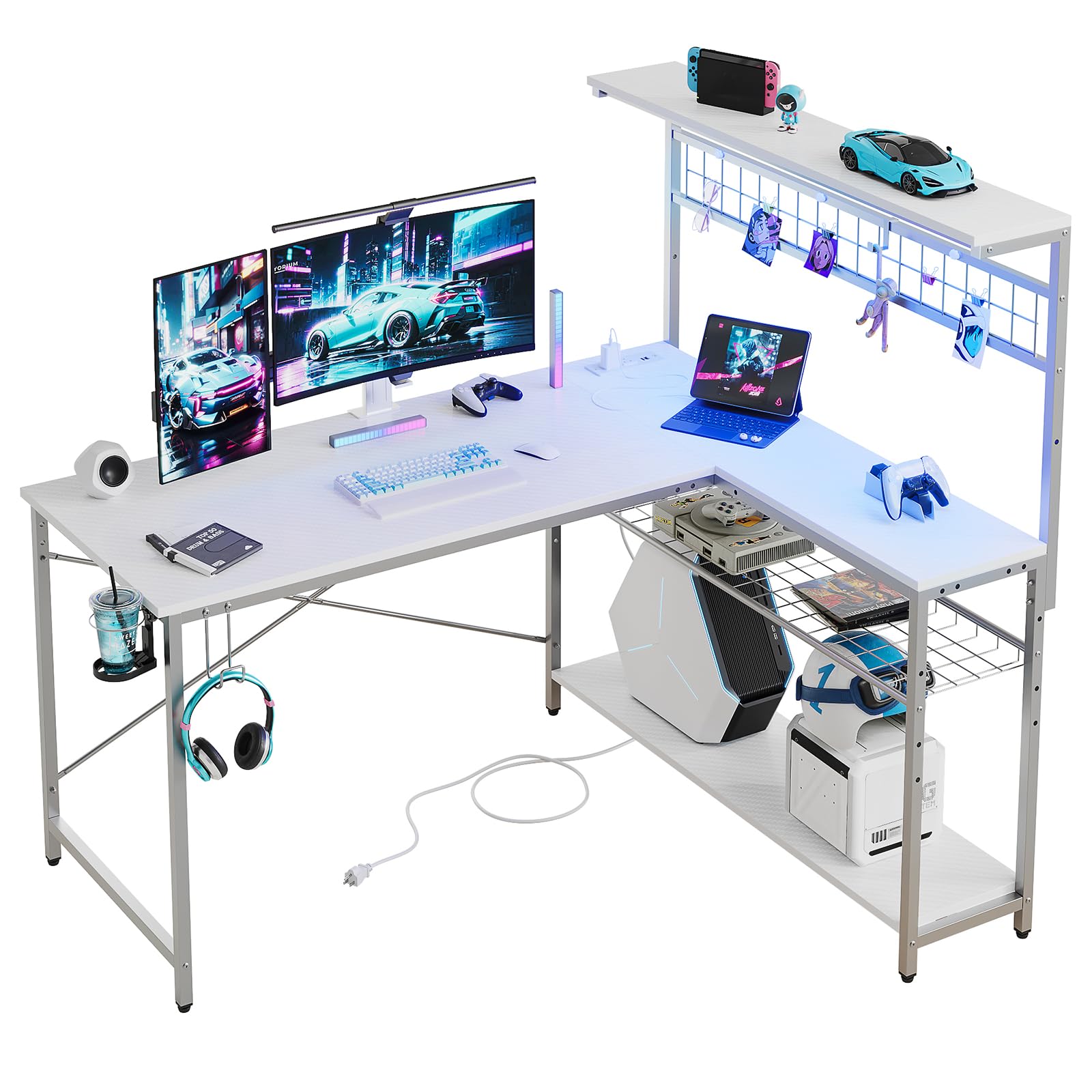 Bestier Gaming Desk 51" L-Shaped with Power Outlets & LED Lights- 4 Tier Shelves Reversible Gamer Table with Hooks & Cup Holder for Home OfficeCarbon Fiber White